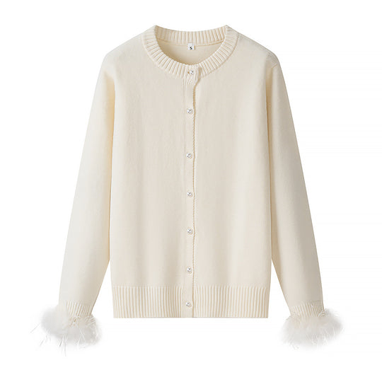 Damen Perlenknopf-Cardigan mit Kunstfeder-Bündchen Shop Nory