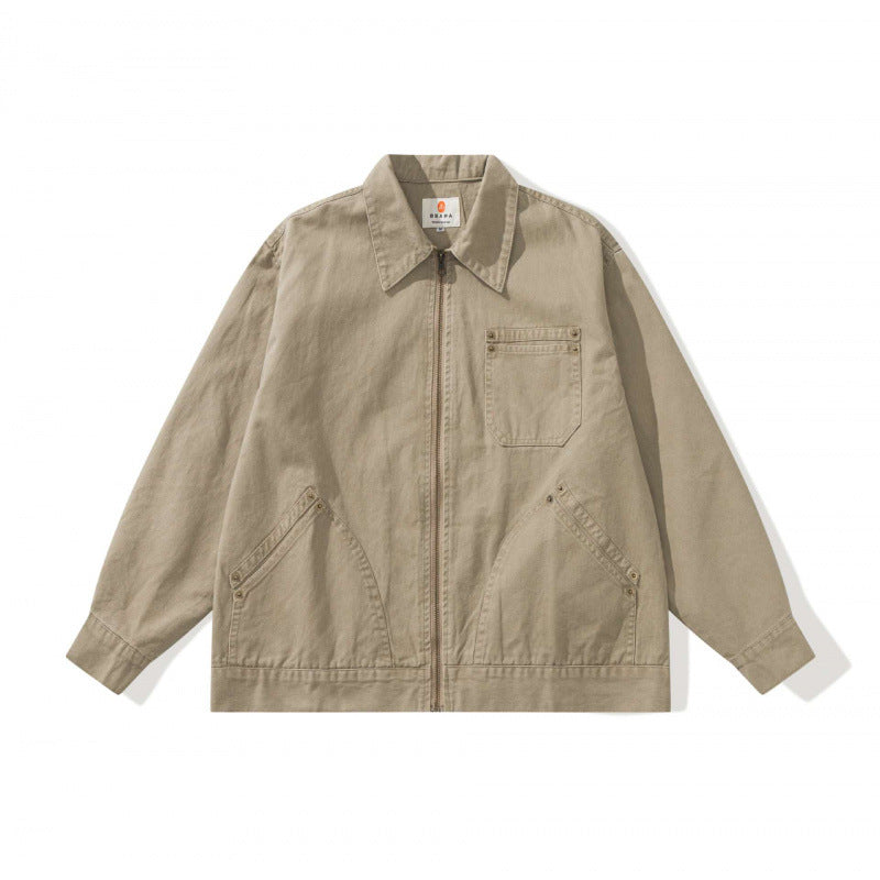 Unisex Kastenförmige Canvas-Worker-Jacke mit Frontreißverschluss und Nietapplikationen Shop Nory
