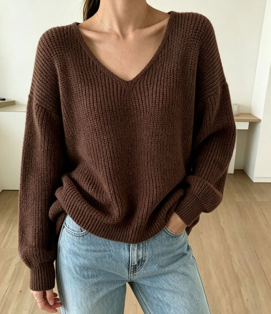 Damen Lässiger Boxy-Grobstrickpullover mit V-Ausschnitt und gerippten Bündchen Shop Nory