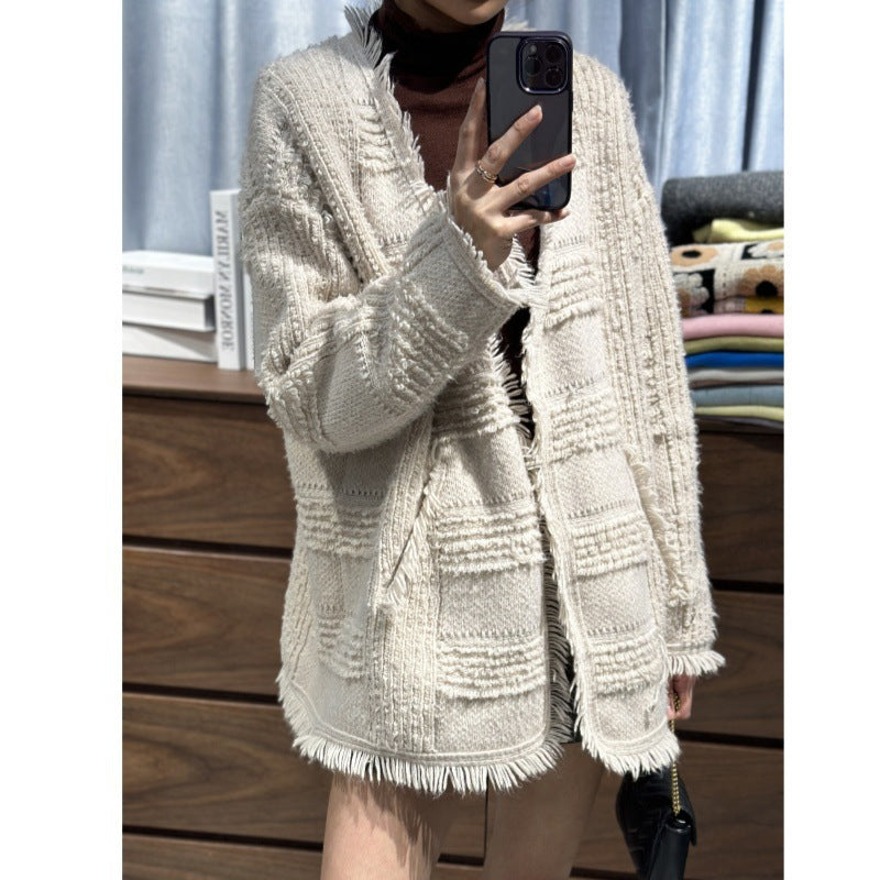 Damen Oversize Strickcardigan mit strukturierter Karomuster‑Optik, Fransen und Eingrifftaschen Shop Nory