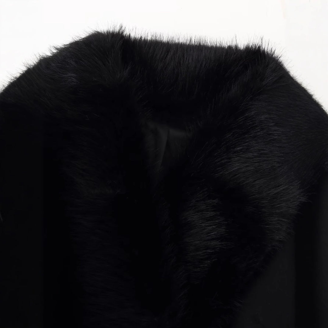 Damen Eleganter Wollmantel mit großem Kunstfellkragen und Bindegürtel Shop Nory