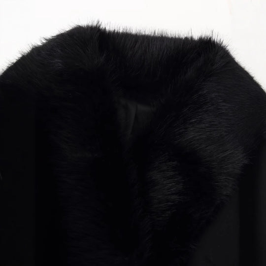 Damen Eleganter Wollmantel mit großem Kunstfellkragen und Bindegürtel Shop Nory