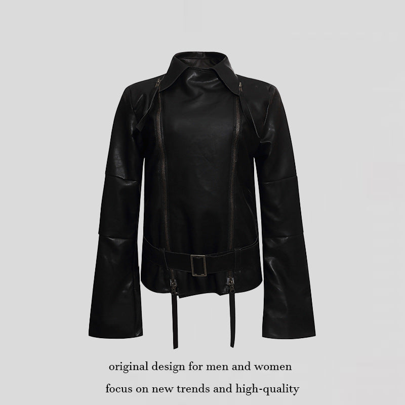 Damen Kunstleder-Bondagejacke mit verlängerten Ärmeln, Doppel-Reißverschlüssen und Taillengürtel Shop Nory