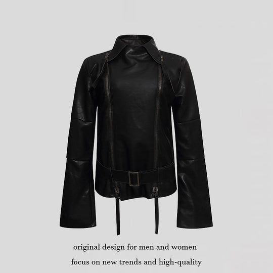 Damen Kunstleder-Bondagejacke mit verlängerten Ärmeln, Doppel-Reißverschlüssen und Taillengürtel Shop Nory
