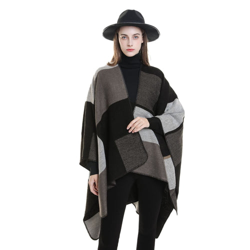 Damen Weicher Wollmix-Poncho mit geometrischem Jacquard und offenem Wasserfall-Schnitt Shop Nory