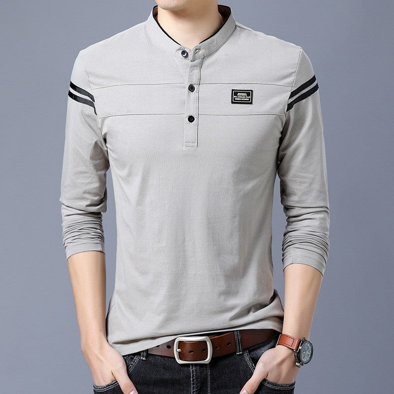 Herren Slim-Fit Langarm-Henley mit Stehkragen und Schulterstreifen Shop Nory
