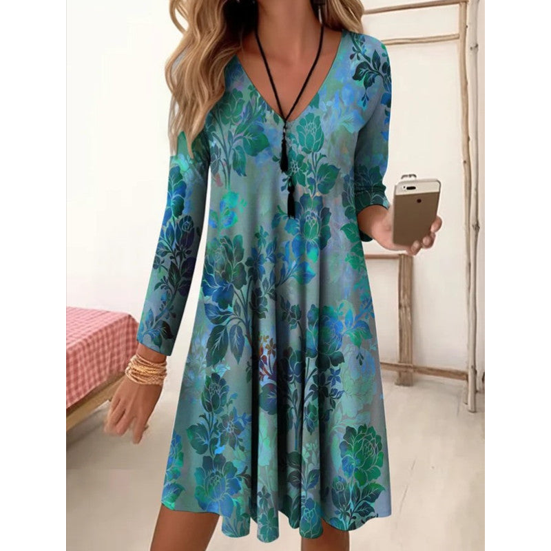 Damen V-Ausschnitt Freizeitkleid mit floraler Gestaltung und seitlichen Taschen