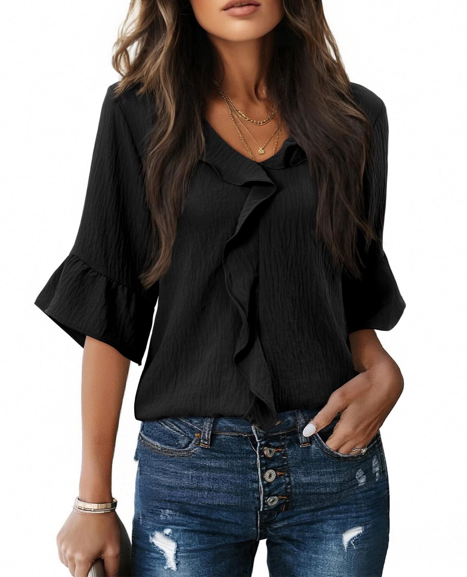 Damen Luftiges Blusenshirt mit Rüschendetails und V-Ausschnitt