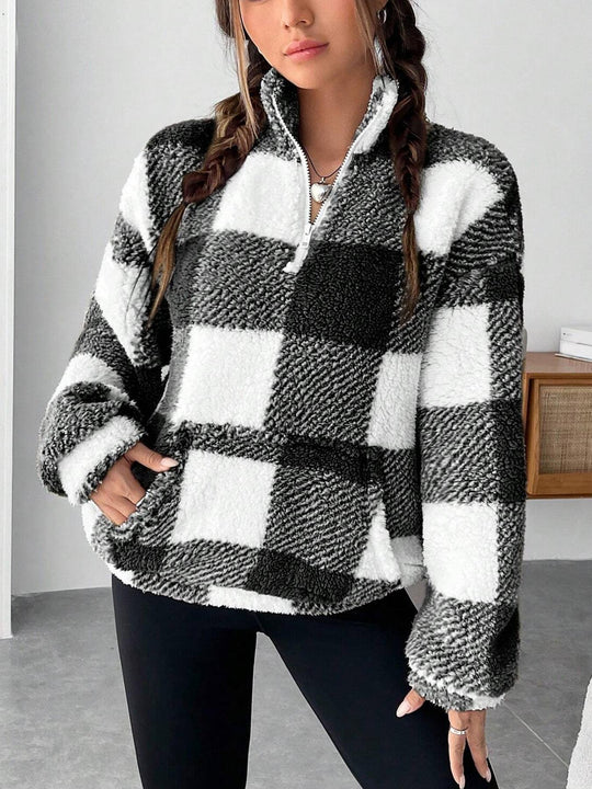 Damen nan kuscheliger Sherpa-Pullover mit Stehkragen, Half-Zip und Kängurutasche Shop Nory