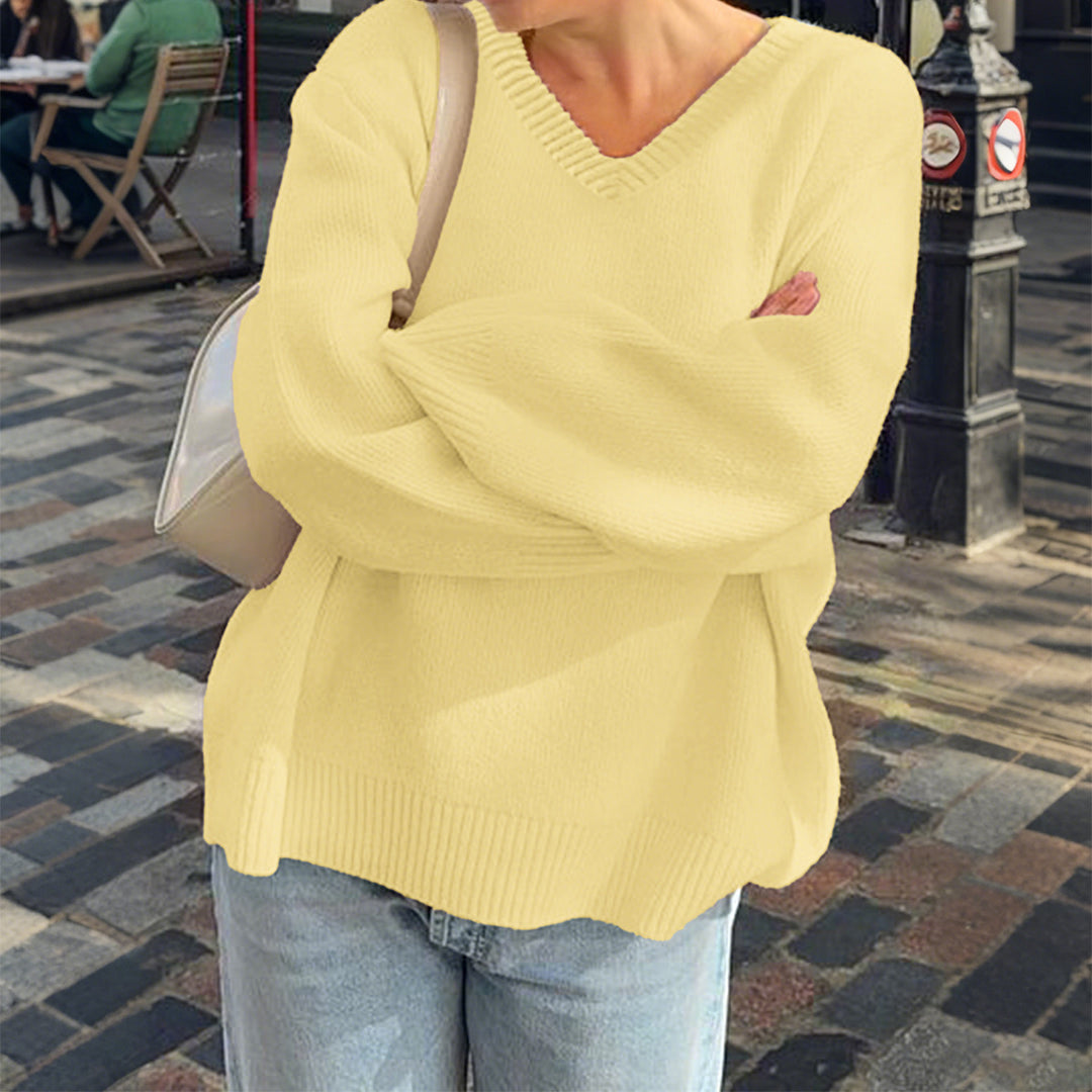 Damen nan oversized V-Ausschnitt Feinstrickpullover mit überschnittener Schulter, langen Kimonärmeln und breitem Rippbund Shop Nory