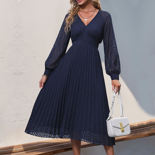 Damen Plissiertes Midikleid mit V-Ausschnitt, tailliertem Bund und transparenten Ballonärmeln Shop Nory