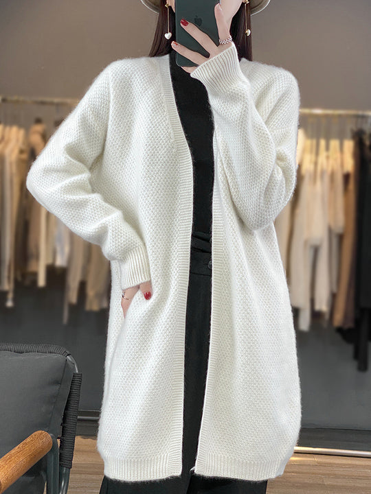 Damen Langer Offener Strickcardigan mit Samenmuster und gerippten Abschlüssen Shop Nory