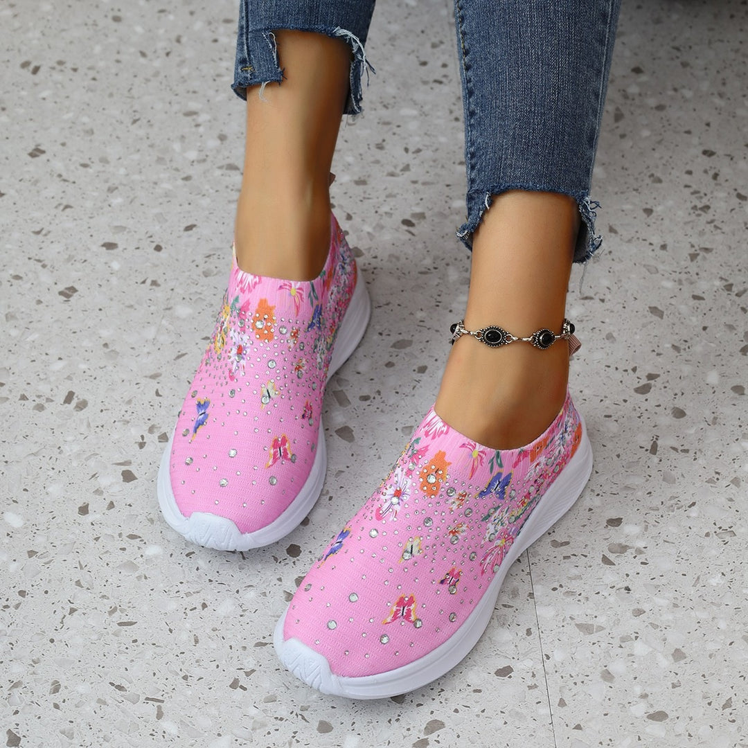 Damen Slip-On Strick-Sneaker mit elastischem Schaft, Blumenprint und Strassbesatz Shop Nory