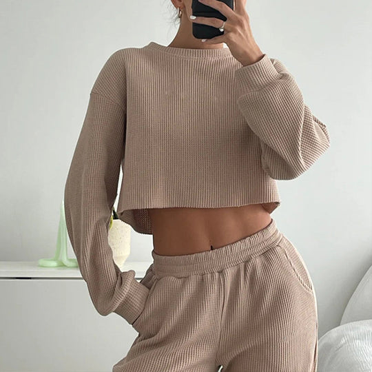 Damen Cropped Rippstrick-Loungewear-Set mit taillenhoher Jogginghose und lockerem Langarmtop Shop Nory