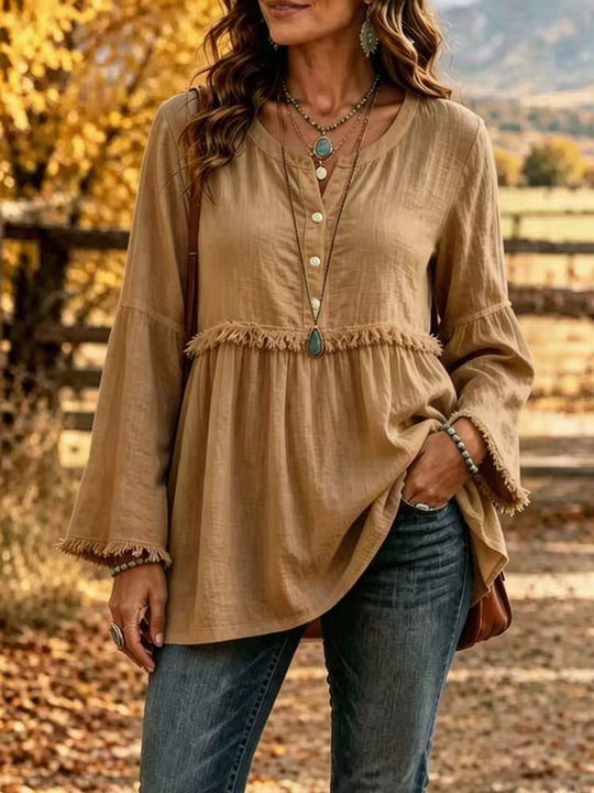 Damen Fransen-Tunika-Bluse mit V-Ausschnitt und Glockenärmeln Shop Nory