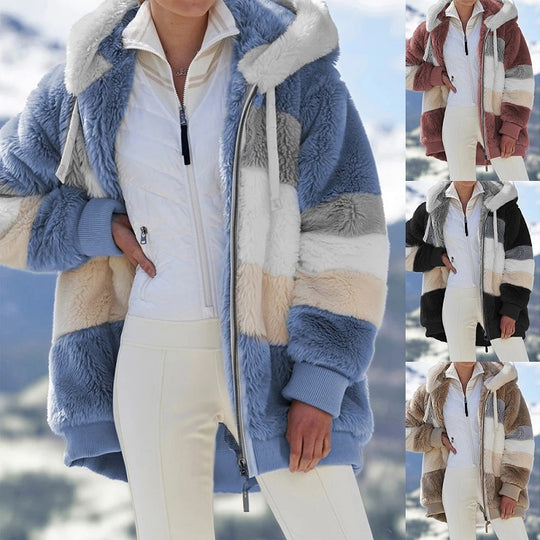 Damen nan kuschelige Oversize Kunstpelzjacke mit Kapuze, Blockstreifen und Rippbündchen Shop Nory
