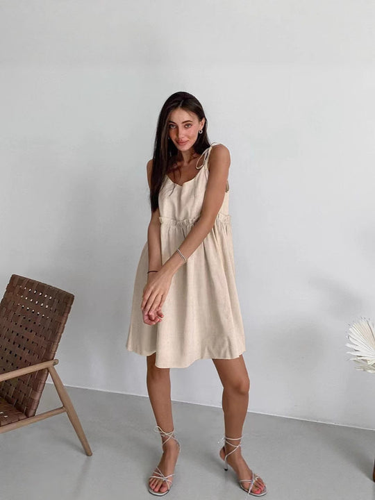 Damen lässiges Spaghettiträger-Kleid mit elastischem Bund und dekorativen Schleifen