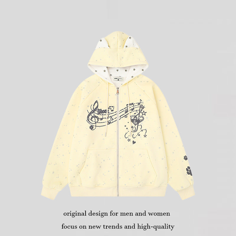 Damen Zip-Kapuzenjacke mit Musikprint, 3D-Ohrenkapuze und Pfoten-Applikation Shop Nory