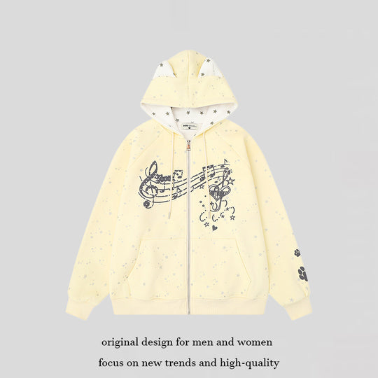 Damen Zip-Kapuzenjacke mit Musikprint, 3D-Ohrenkapuze und Pfoten-Applikation Shop Nory
