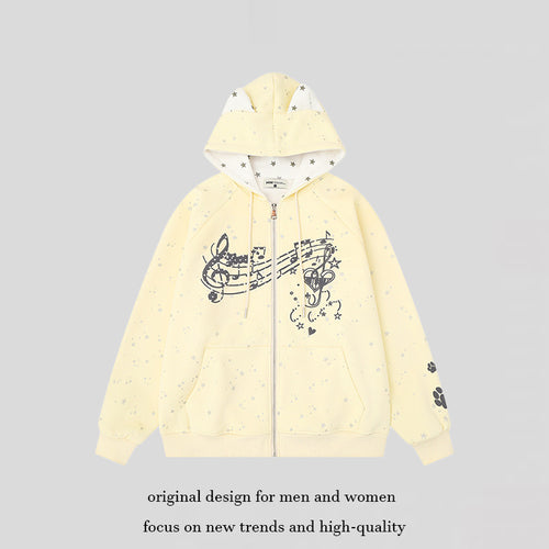 Damen Zip-Kapuzenjacke mit Musikprint, 3D-Ohrenkapuze und Pfoten-Applikation Shop Nory