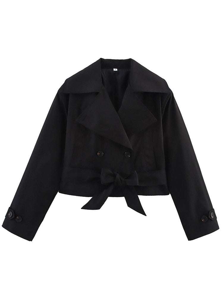 Damen Kurze Doppelreihige Trenchjacke mit Taillengürtel und weitem Revers Shop Nory