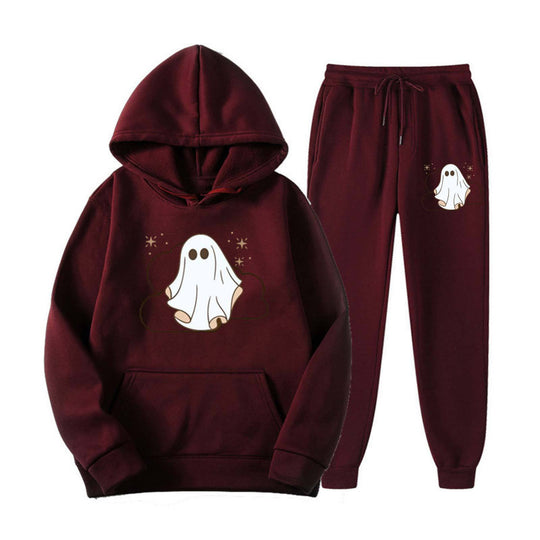 Unisex kuscheliger Kapuzenpullover und Jogginghose Set mit Halloween-Geistprint Shop Nory