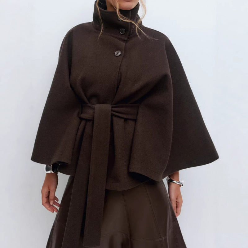 Damen Wollmantel im Cape‑Stil mit Stehkragen und Taillengürtel Shop Nory