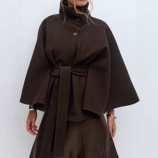 Damen Wollmantel im Cape‑Stil mit Stehkragen und Taillengürtel Shop Nory