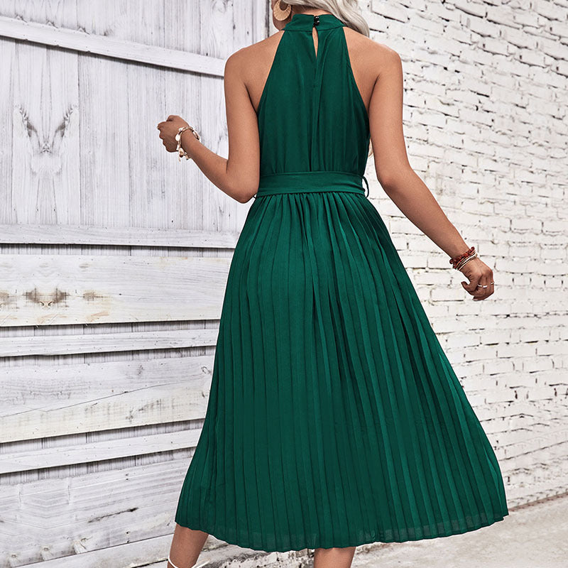 Damen elegantes Midikleid mit raffiniertem plissiertem Design und taillierbarem Gürtel