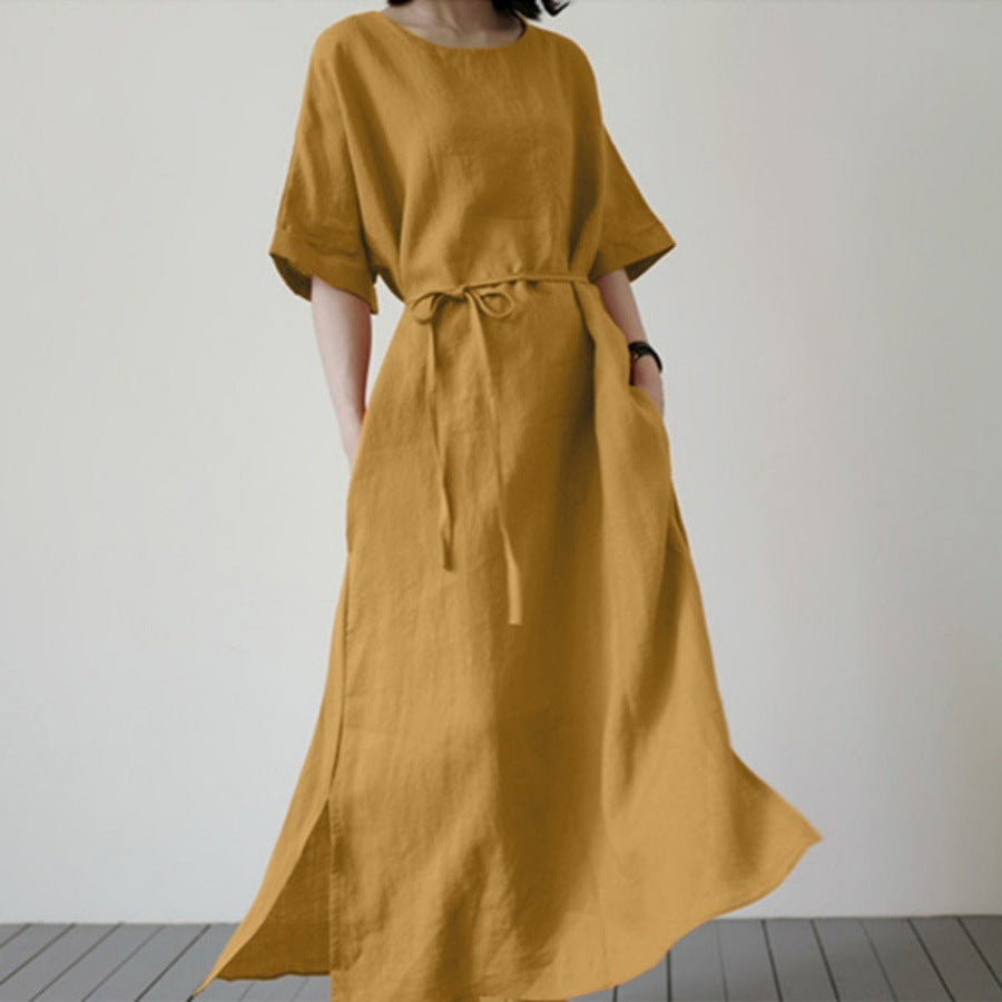 Damen Leinenmaxikleid mit weit geschnittenen Ärmeln und Taillengürtel