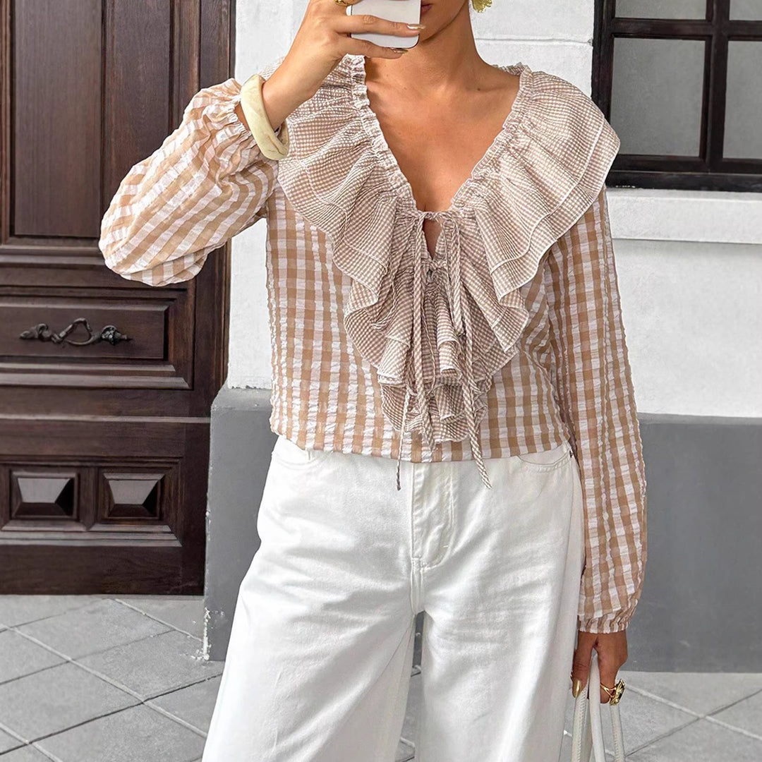 Damen Rüschenbluse mit tiefem V-Ausschnitt und Bindebändern Shop Nory