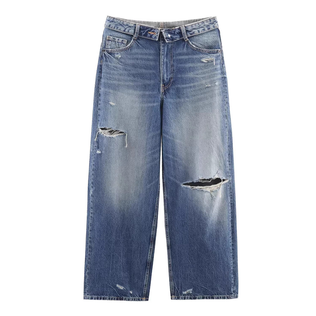 Damen Weite Destroyed-Jeans mit hoher Taille und geradem Bein Shop Nory