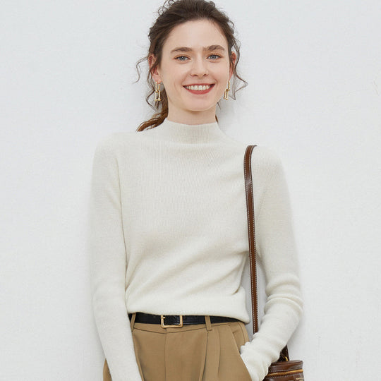 Damen Leichter taillierter Mockneck-Pullover in kaschmirähnlicher Mohair-Optik mit feiner Rippenstruktur Shop Nory