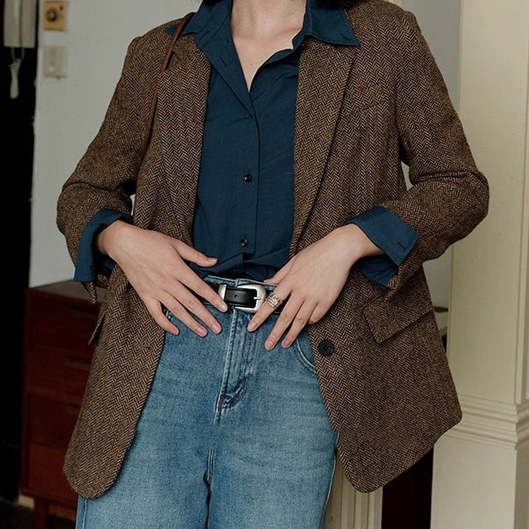 Damen Eleganter Herringbone Blazer Shop Nory
