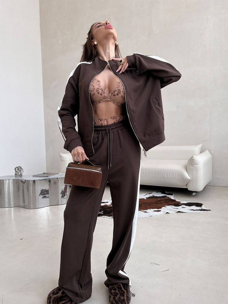 Damen Velours-Loungewear-Set mit Stehkragen, Zip-Jacke und weitem Palazzo-Hosenbein Shop Nory