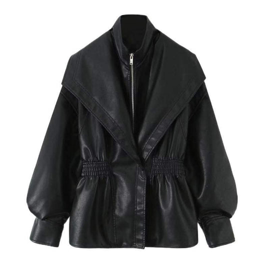 Damen Kunstlederjacke mit weitem Schalkragen und gerafftem Taillenbund Shop Nory