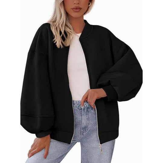 Damen lässige Oversized-Jacke mit Reißverschluss und ballonen Ärmeln