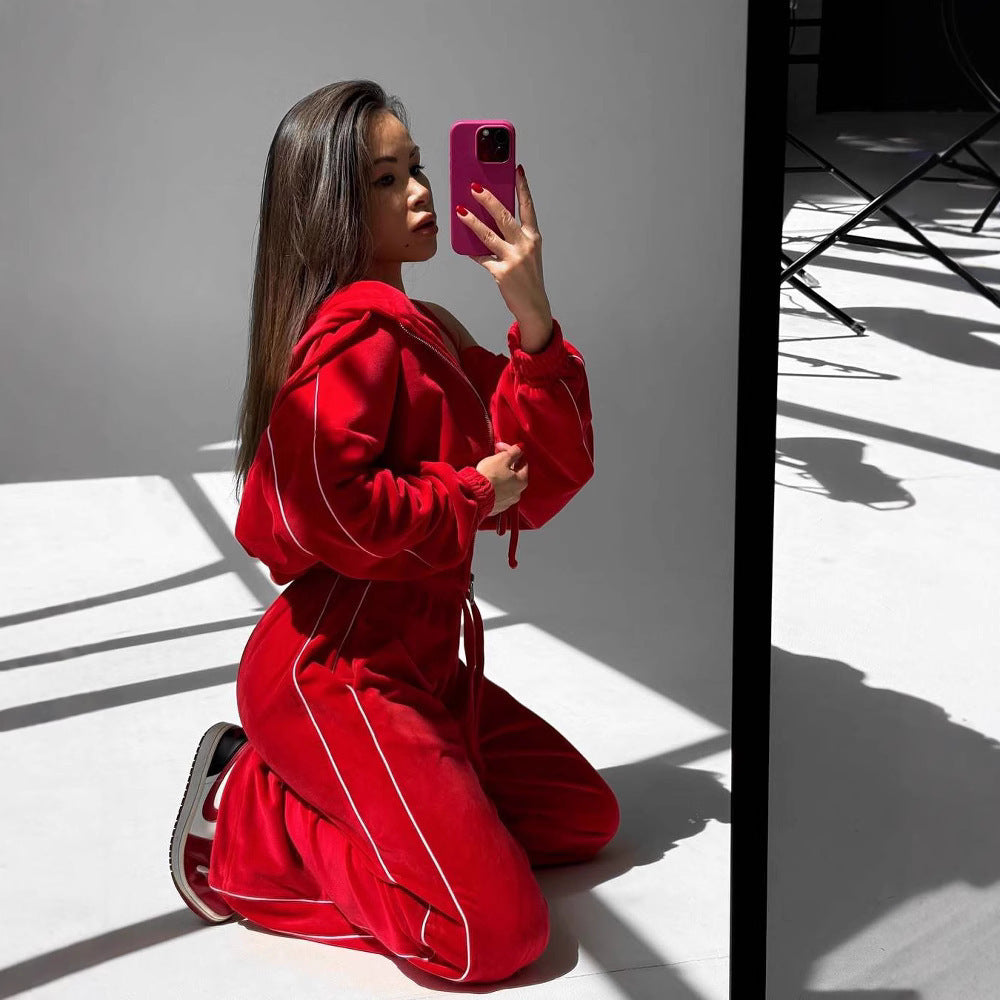 Damen Samt-Lounge-Set mit verkürzter Zip-Hoodie und weitem High-Waist Jogger Shop Nory