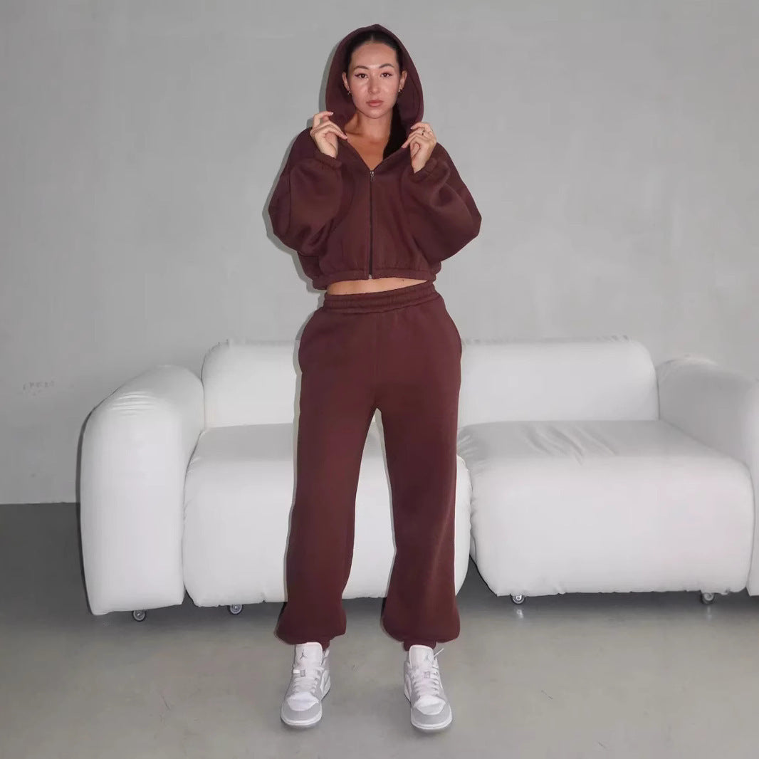 Damen Lounge-Set Cropped-Zip-Hoodie mit Oversize-Ärmeln und High-Waist Palazzo-Jogger Shop Nory