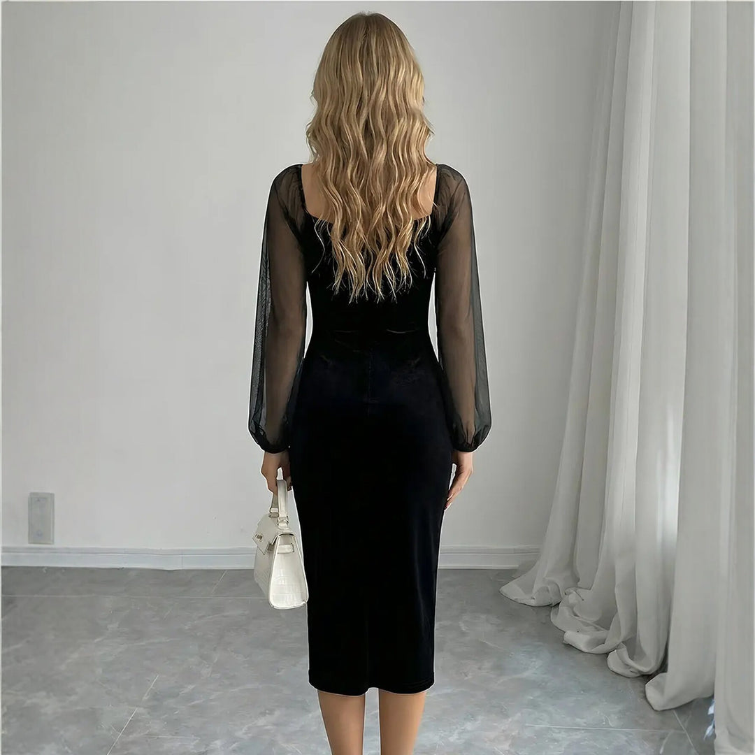 Damen figurbetontes Samtkleid mit transparenten Mesh-Ärmeln und herzförmigem Dekolleté Shop Nory