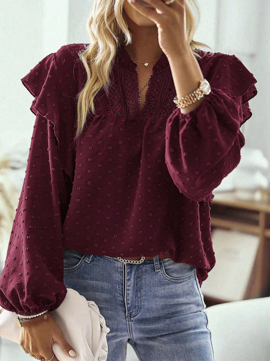 Damen Viskose-Bluse mit Spitzenstickerei und Volantärmeln Shop Nory