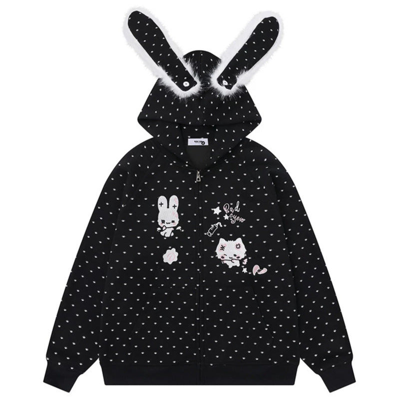 Damen Kapuzensweatjacke im Cozy-Kawaii‑Stil mit 3D-Ohren, Allover-Pünktchen und Frontreißverschluss Shop Nory