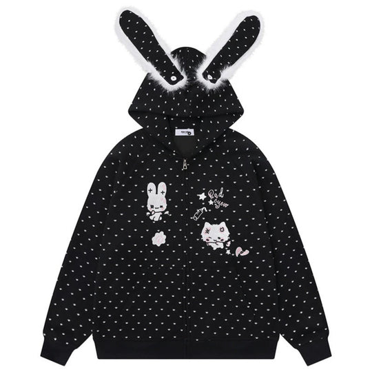 Damen Kapuzensweatjacke im Cozy-Kawaii‑Stil mit 3D-Ohren, Allover-Pünktchen und Frontreißverschluss Shop Nory