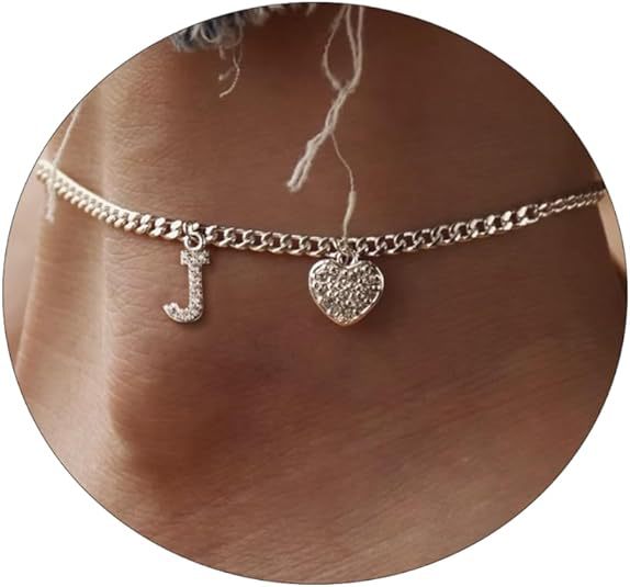 Damen Fußkettchen mit personalisiertem Buchstaben und funkelndem Herzanhänger Shop Nory
