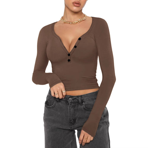 Damen nan figurbetontes geripptes Longsleeve mit Henley-Knopfleiste und tiefem V-Ausschnitt Shop Nory