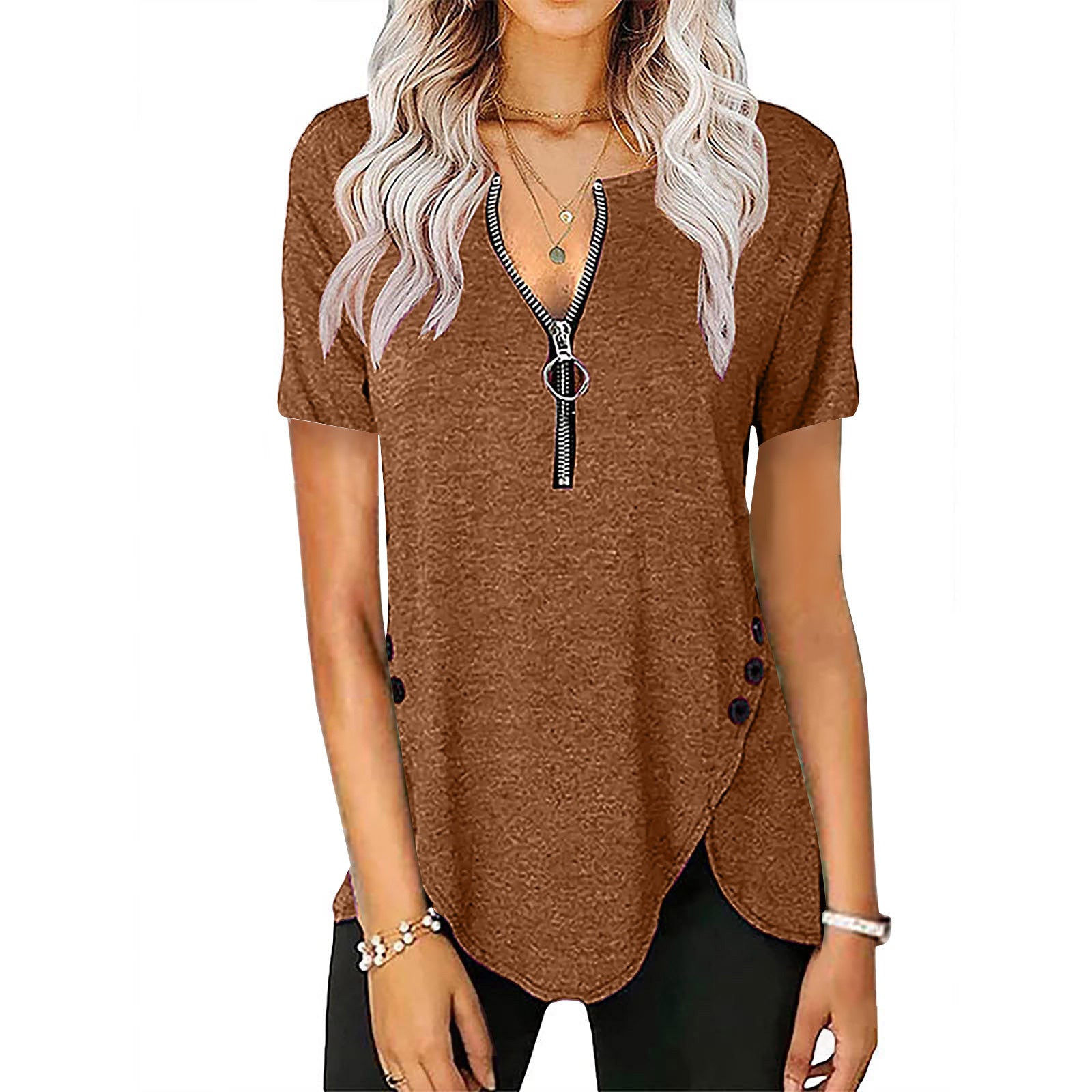 Damen Kurzarmshirt mit asymmetrischem Saum und Reißverschluss
