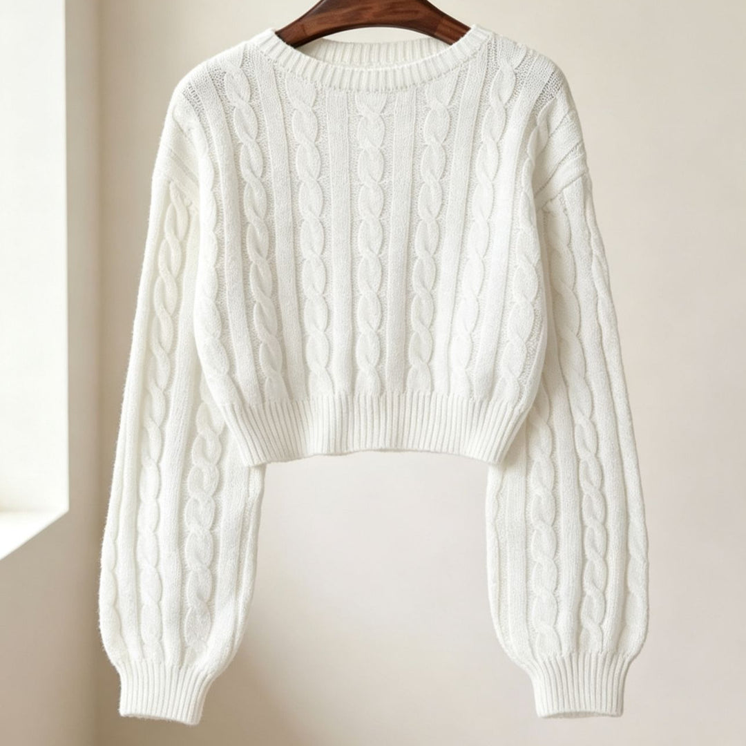 Damen Cropped Zopfmuster-Strickpullover mit kastiger Silhouette und Ballonärmeln Shop Nory