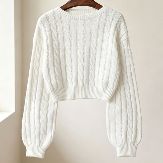 Damen Cropped Zopfmuster-Strickpullover mit kastiger Silhouette und Ballonärmeln Shop Nory