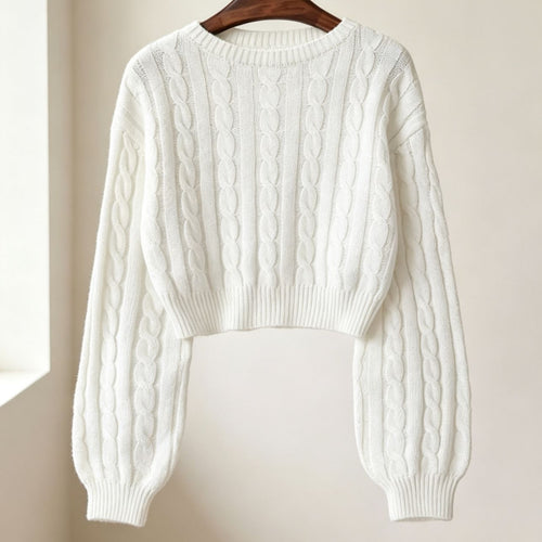Damen Cropped Zopfmuster-Strickpullover mit kastiger Silhouette und Ballonärmeln Shop Nory