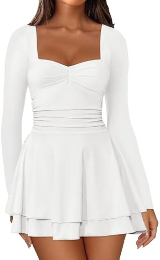 Damen Langarm-Minikleid mit quadratischem Ausschnitt, taillierter Raffung und zweilagigem Volantrock Shop Nory